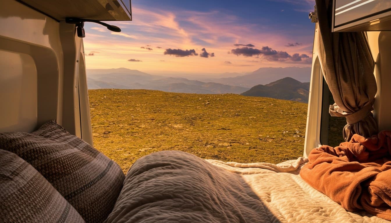 Vue depuis l'intérieur du van Trip'in au coucher de soleil